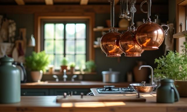 Rustic kitchen setting with copper pots