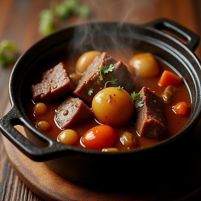 Lancashire hotpot in cast-iron dish
